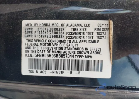 2011 Honda Odyssey Touring/Touring Elite z USA, uszkodzony, nr VIN 5FNRL5H93BB057344